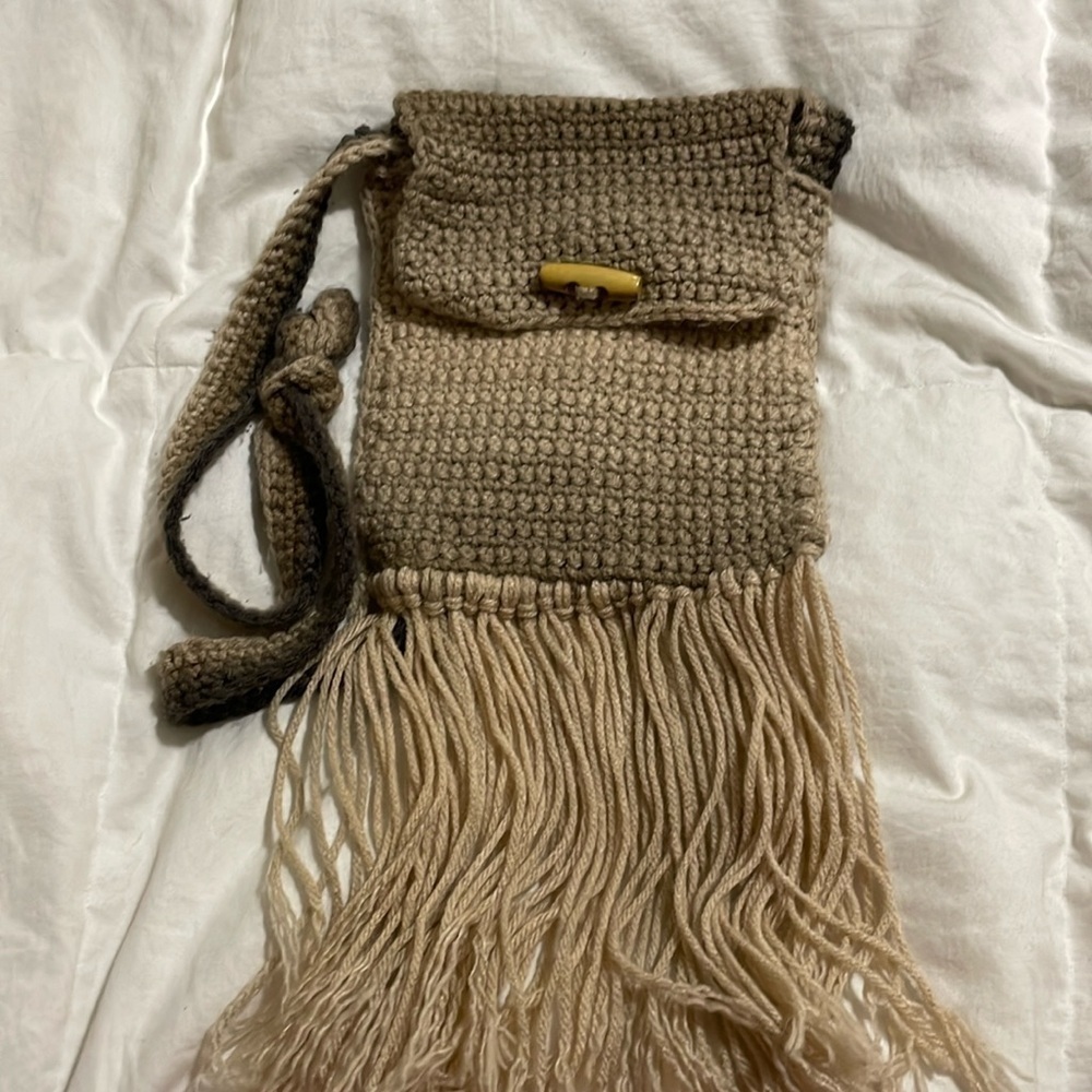 Handmade | Knit | Crocheted | Cross body|Fringed Bag Multi Browns|Toggled button